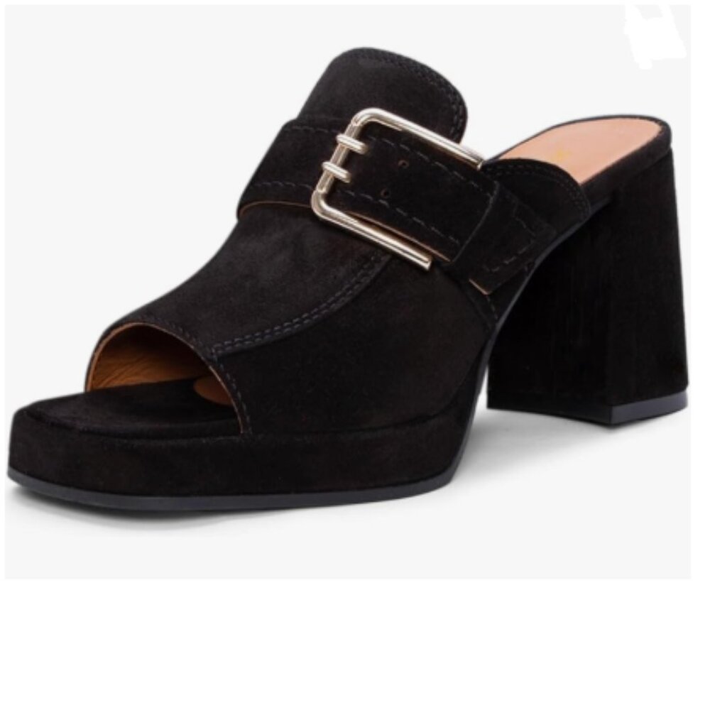 FOWT Black Chunky High Heel Open Toe Platform Mules Slip On Casual Daily Shoes